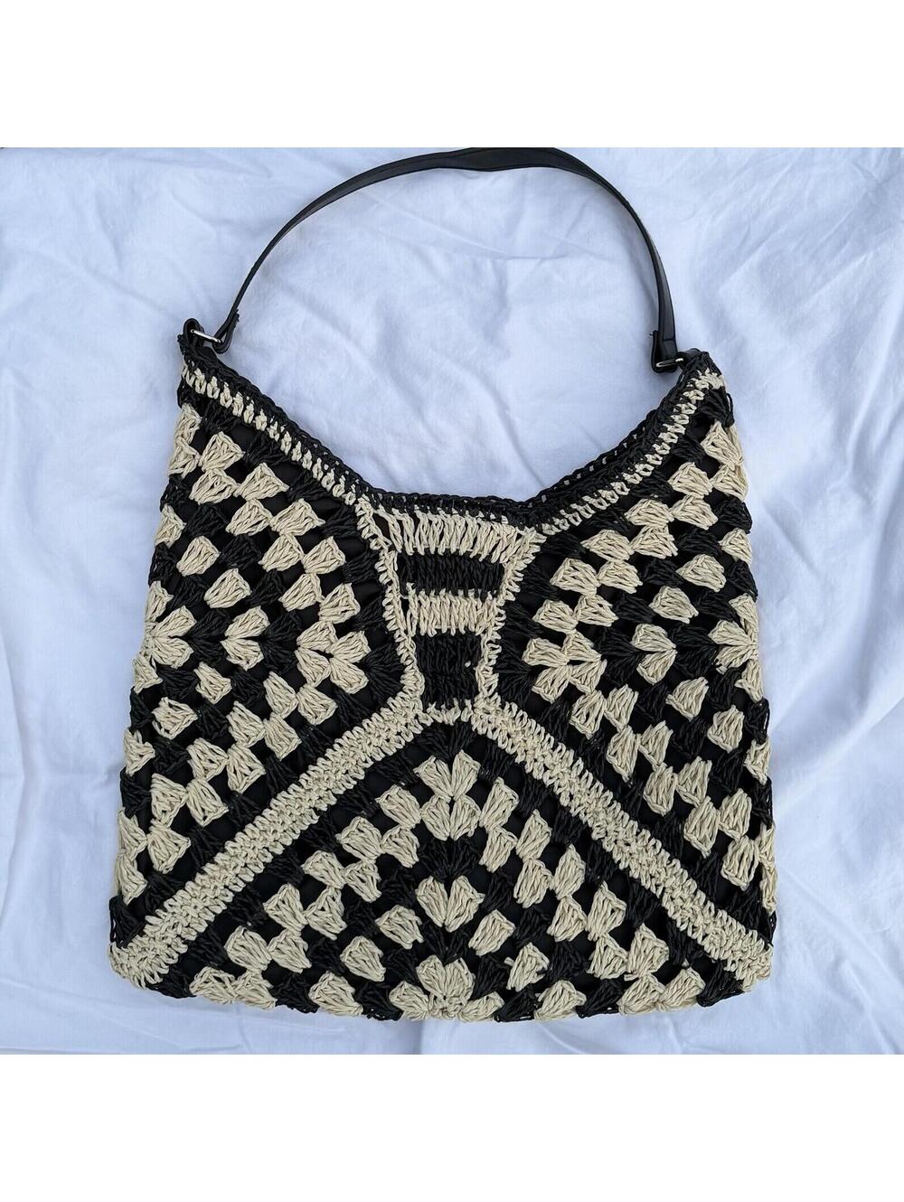 NWOT Black and Tan Woven Crochet Boho Bag Purse Tote